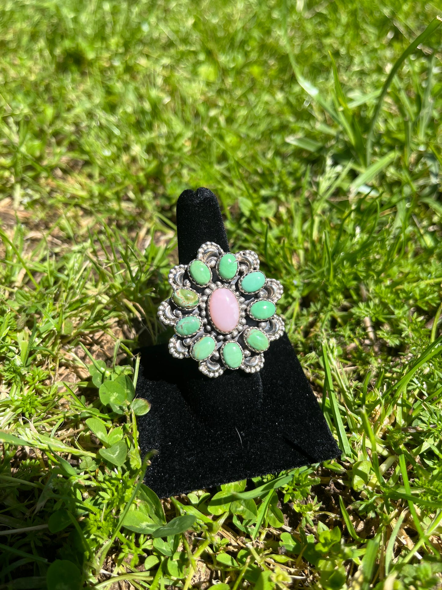 Pink Conch and Green Mojave ring