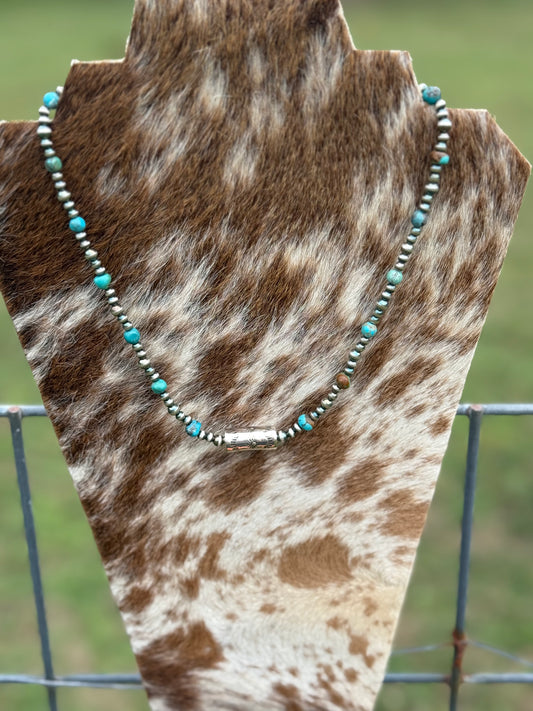 Turquoise Barrel Bead Pearl Necklace