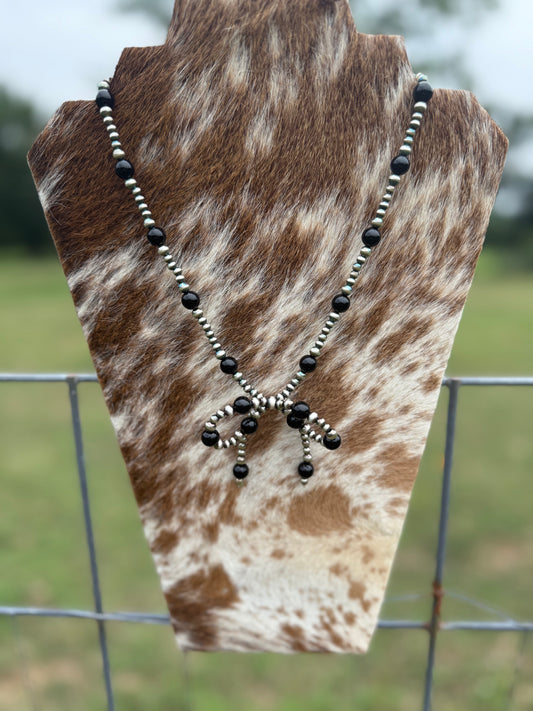 Black Onyx Bow Pearl Necklace